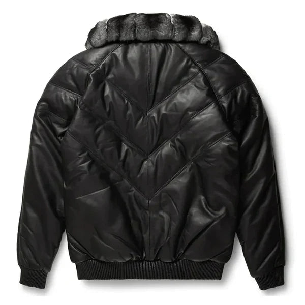Men's V-Bomber Full Fox Collar Faux Shearling Black Leather Jacket image 1
