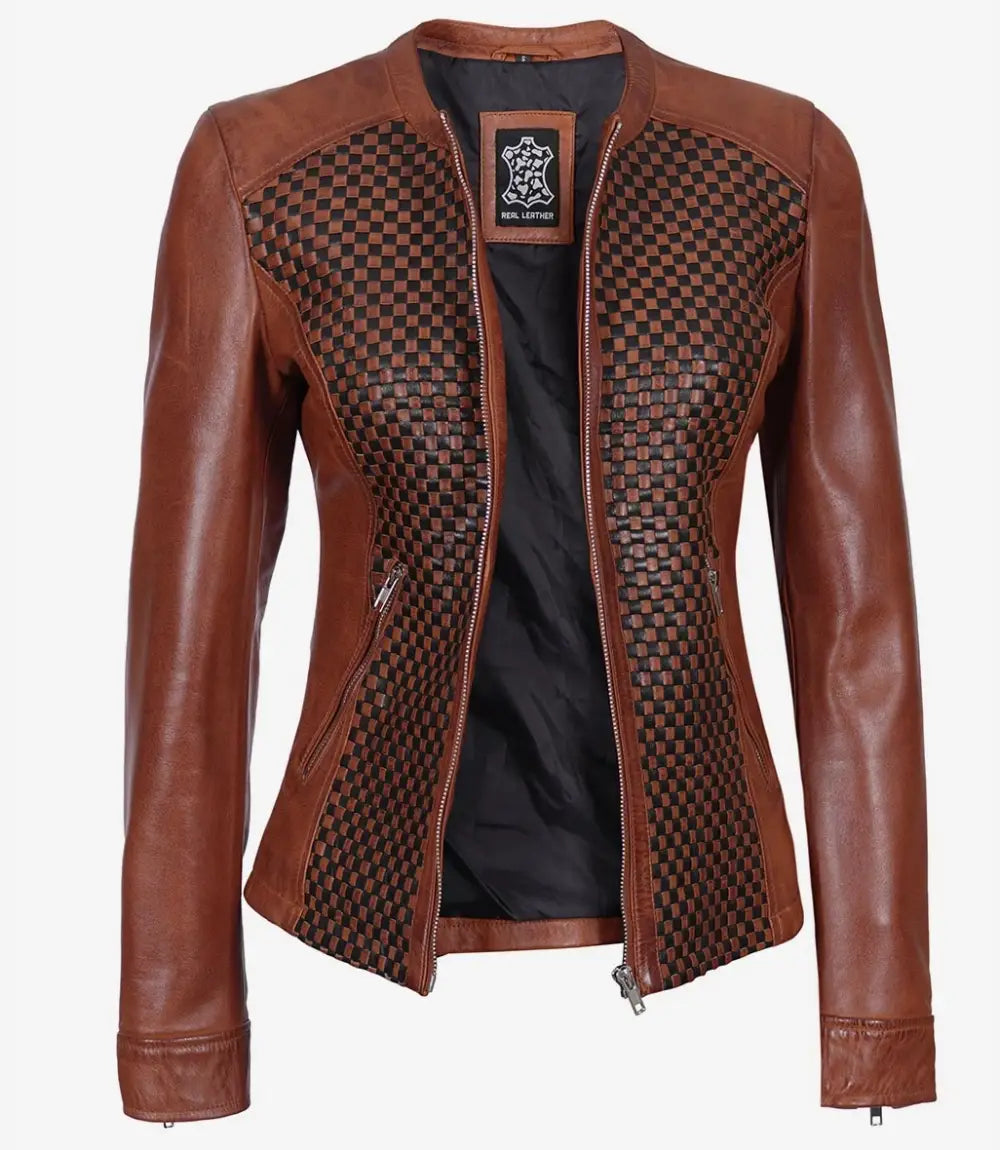 Women's Textured Brown Leather Cafe Racer Jacket image 0