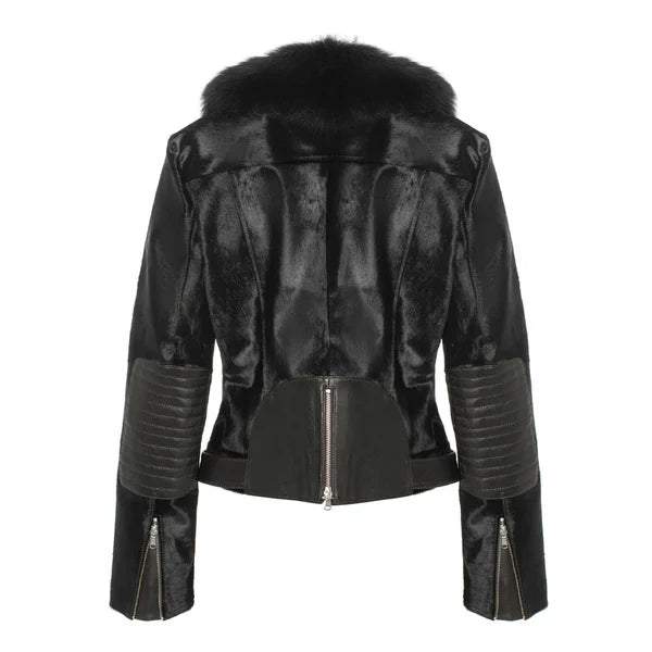 Women's Balck Tara Calf Shearling Fur Leather Jacket image 1