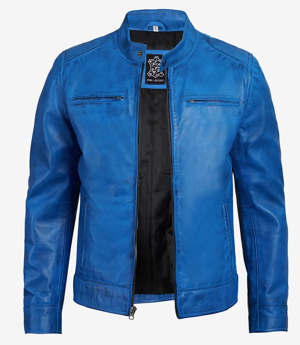 Men's Cafe Racer Real Lambskin Blue Leather Jacket image 1