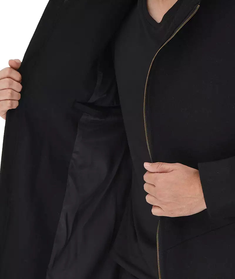 Men's Black Zip Closure Wool Coat with Hood image 1