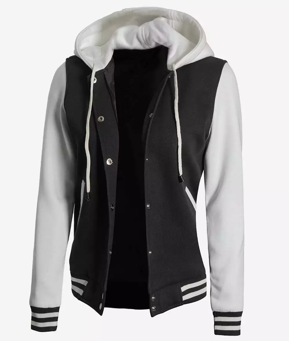 Women's White and Black Hooded Varsity Jacket - Letterman Style image 1