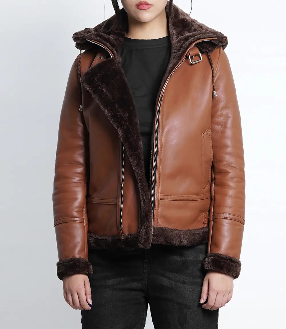 Women's Cognac Brown B3 Bomber Aviator Shearling Leather Jacket image 1