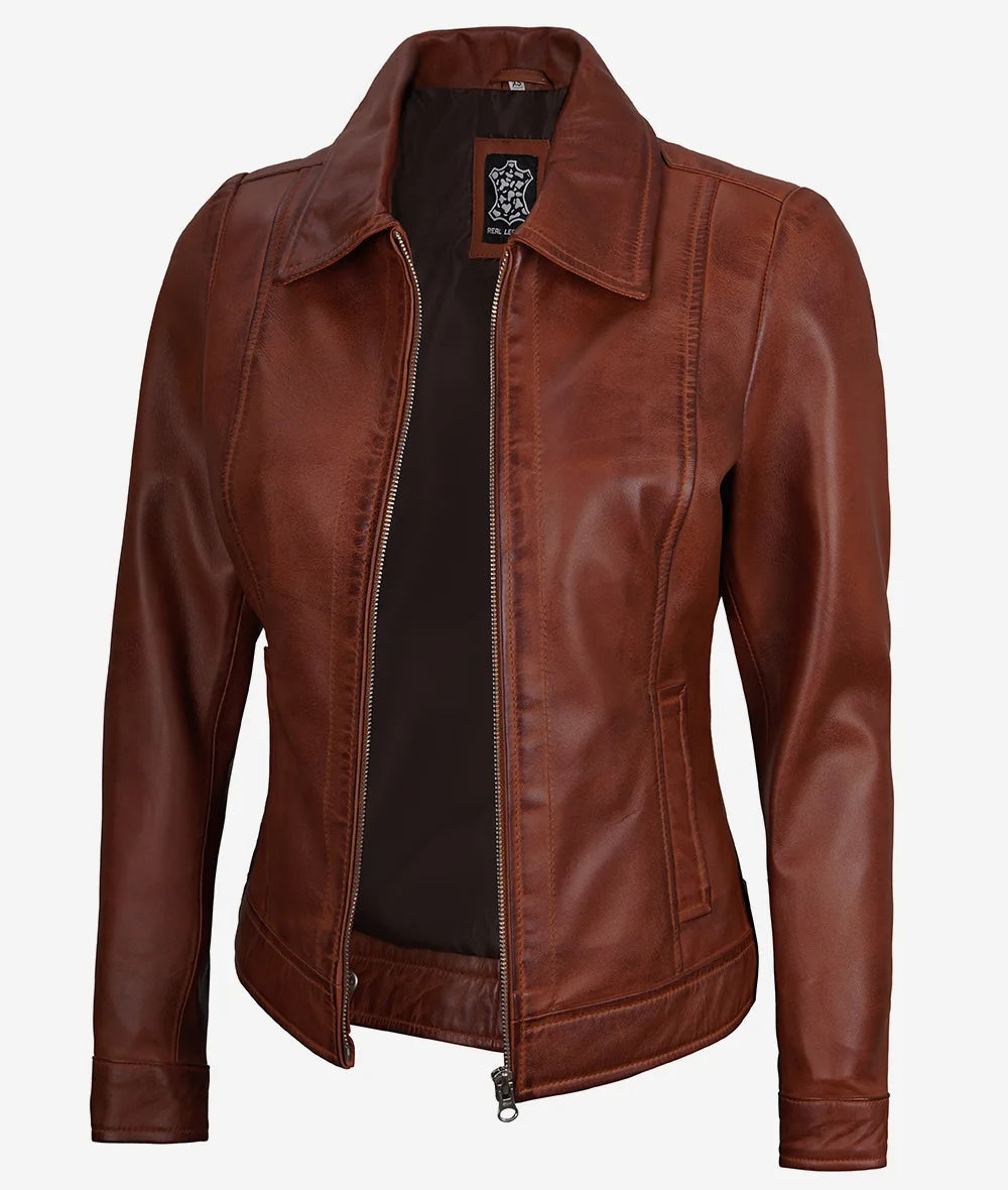 Women's Cognac Shirt Collar Leather Jacket image 1