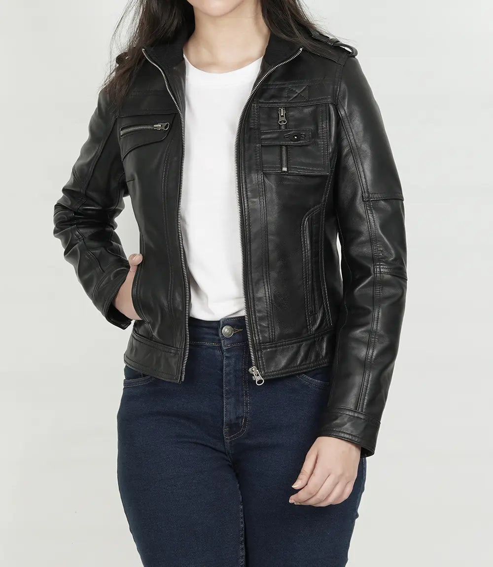 Women's Black Moto Leather Jacket - Classic Biker Style image 0