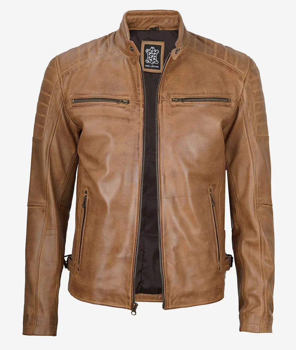 Men's Cafe Racer Camel Brown Leather Jacket image 1