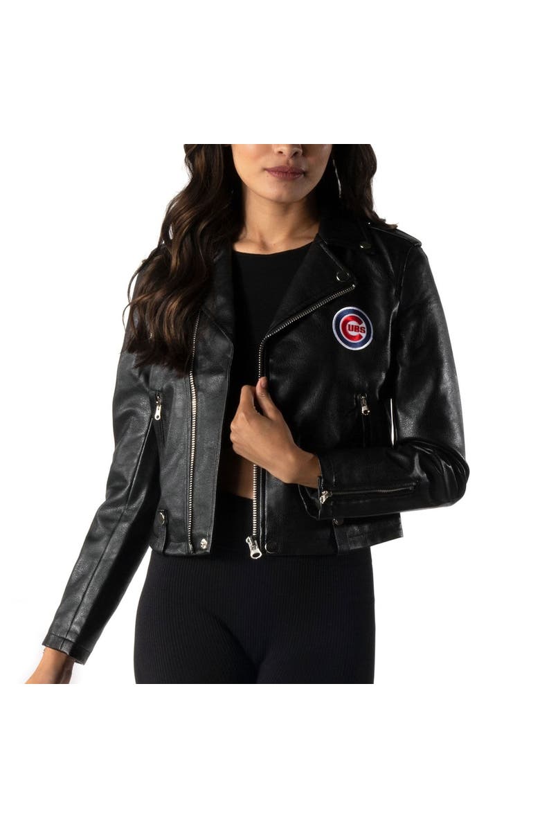 Women's The Wild Collective Black Chicago Cubs Faux Leather Moto Full-Zip Jacket image 1