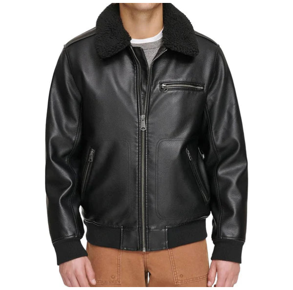 Men's Sherpa Collar Faux Shearling Bomber Leather Jacket image 1