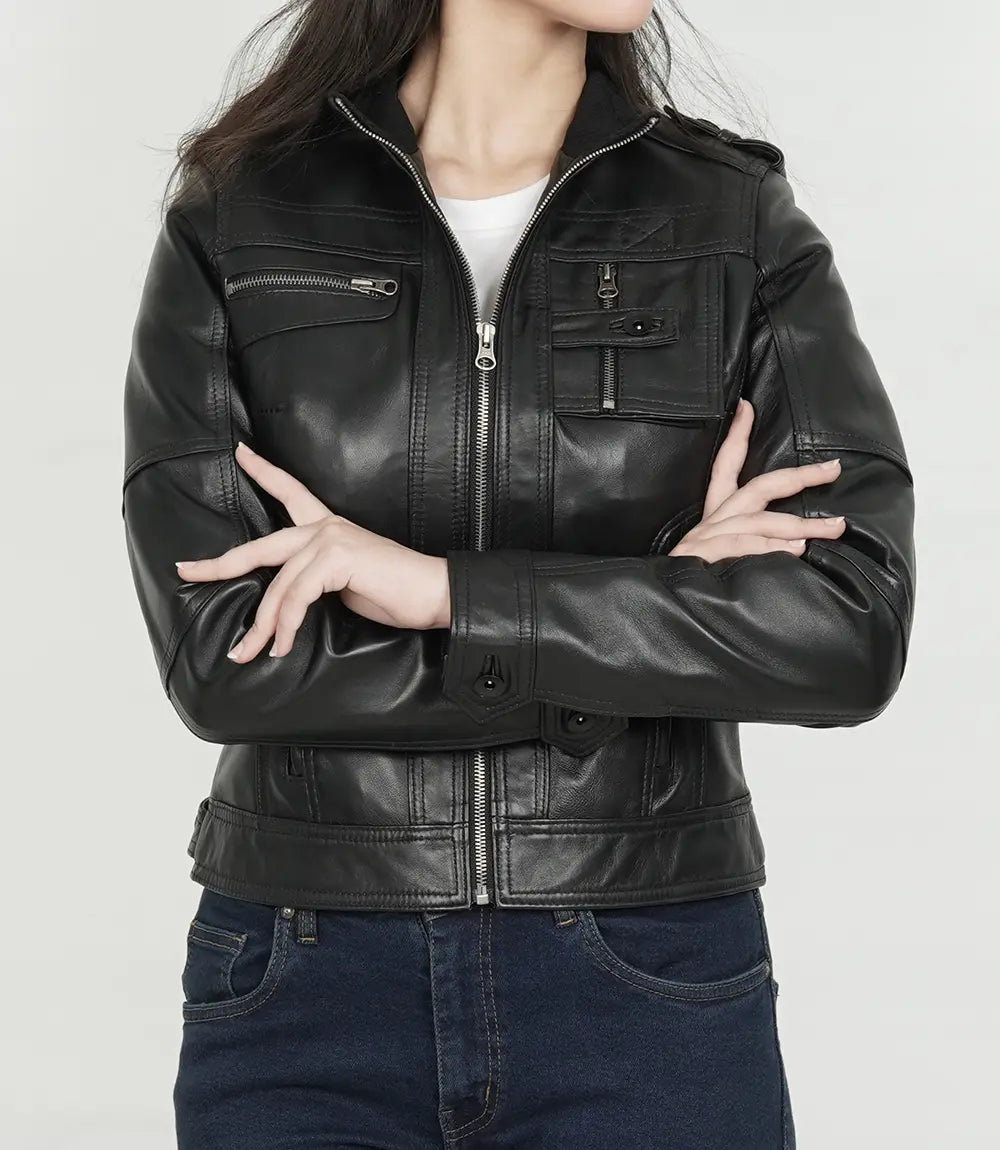 Women's Black Moto Leather Jacket - Classic Biker Style image 1