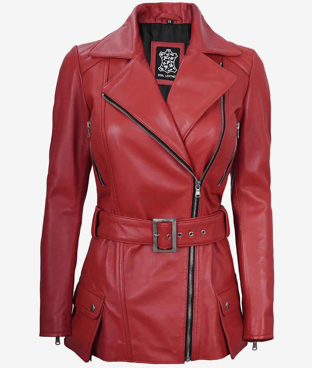 Women's Red Belted Motorcycle Leather Jacket image 1
