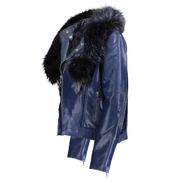 Women's Blue Tara Calf Faux Shearling Leather Jacket image 1