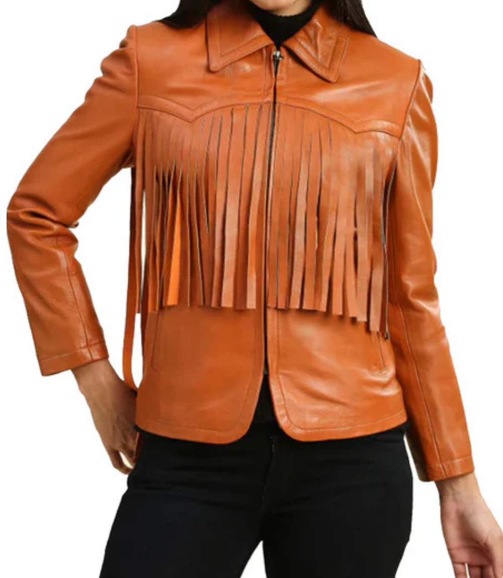 Women's Brown Fringe Stylish Leather Jacket image 0