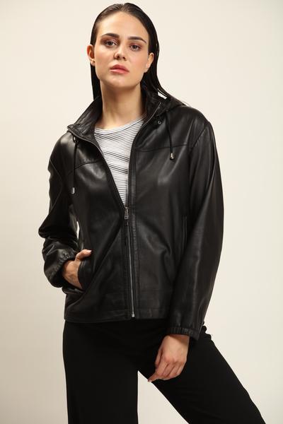 Black Leather Jacket With Detachable Hood Women image 2