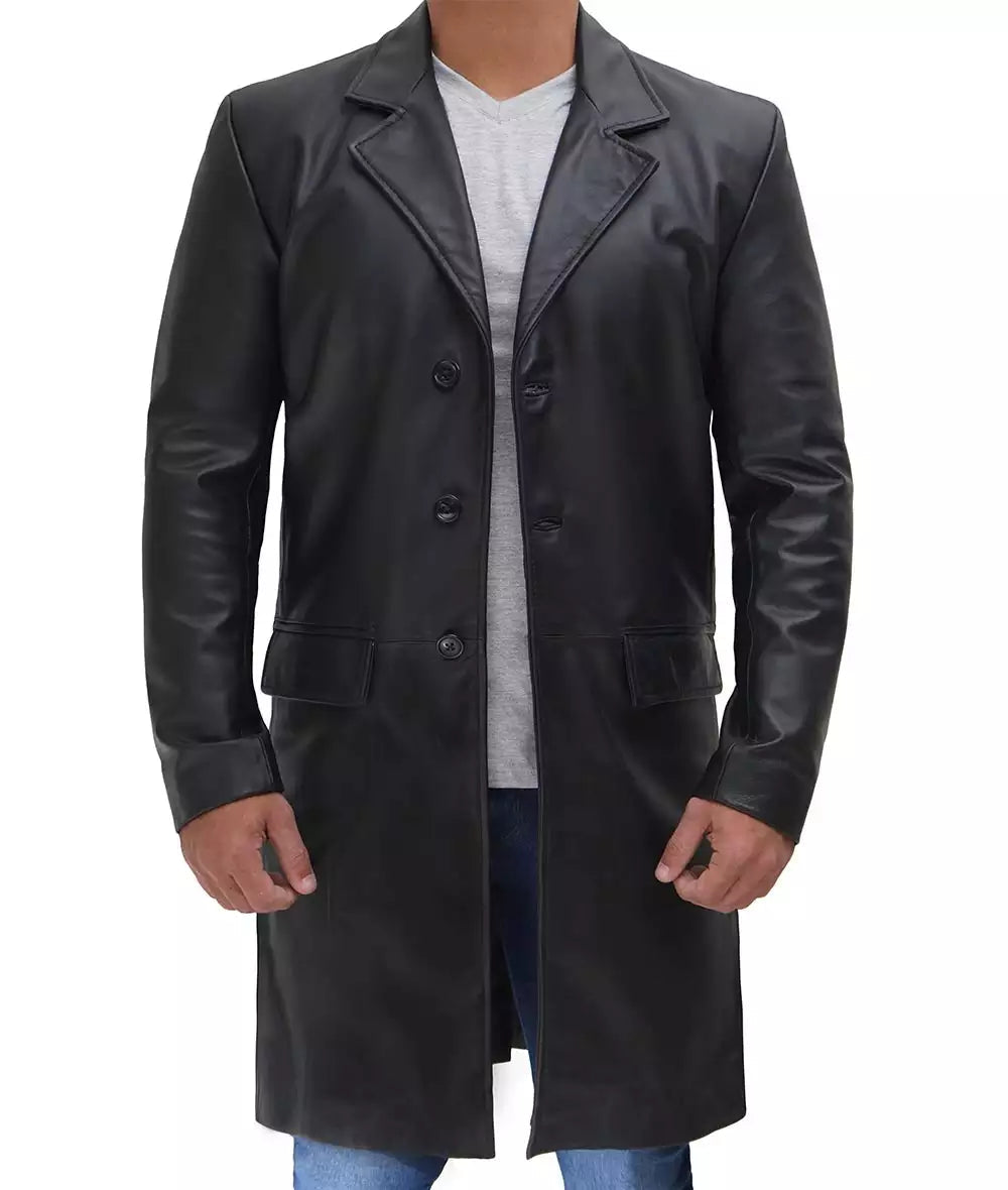 Men's Genuine Cowhide Black Long Leather Coat image 1