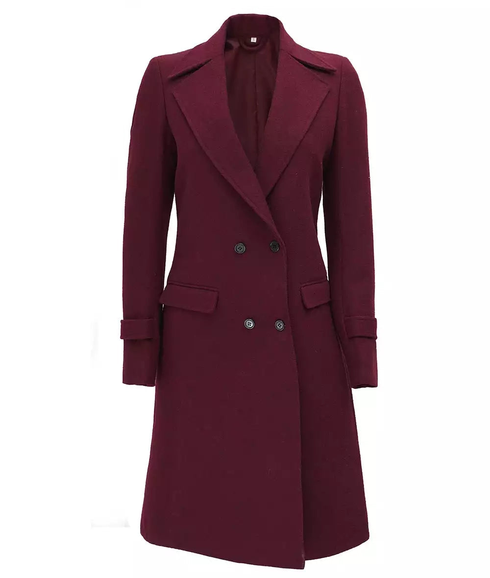 Women's Maroon Double Breasted Long Wool Coat – Winter Wrap Coat image 1