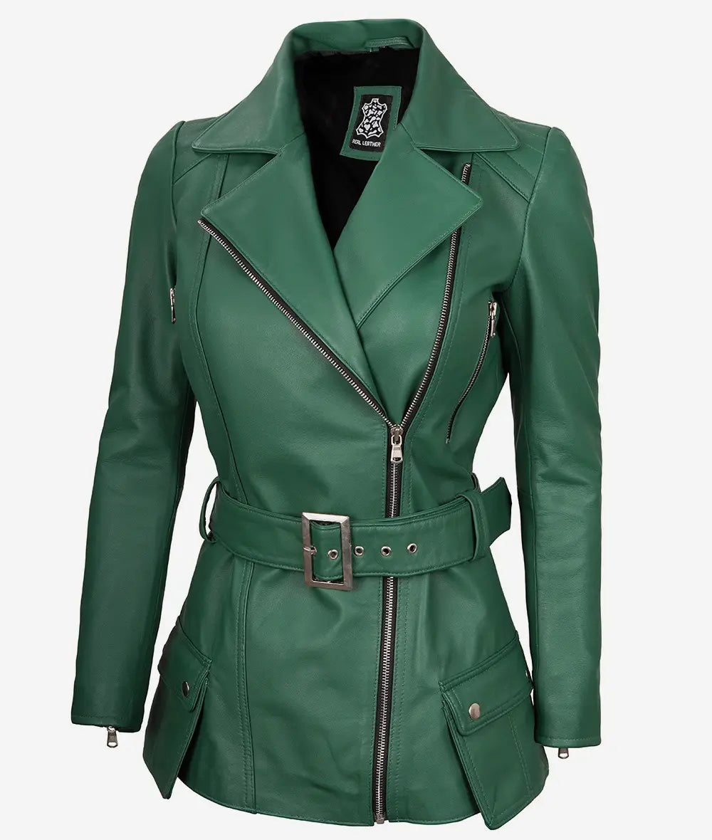 Women's Green Asymmetrical Moto Belted Leather Jacket image 1