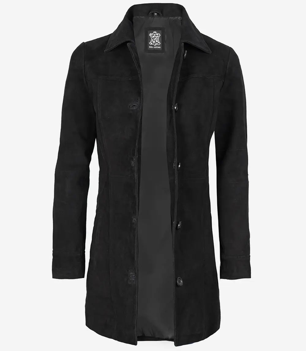 Women's Black Button Down Suede Coat image 1