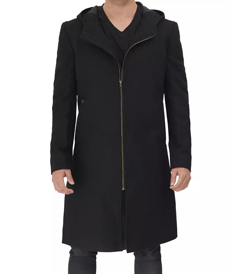 Men's Black Zip Closure Wool Coat with Hood image 0