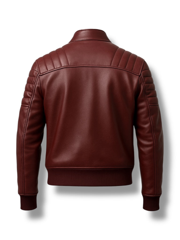 Maroon Padded Bomber Leather Jacket For Men.