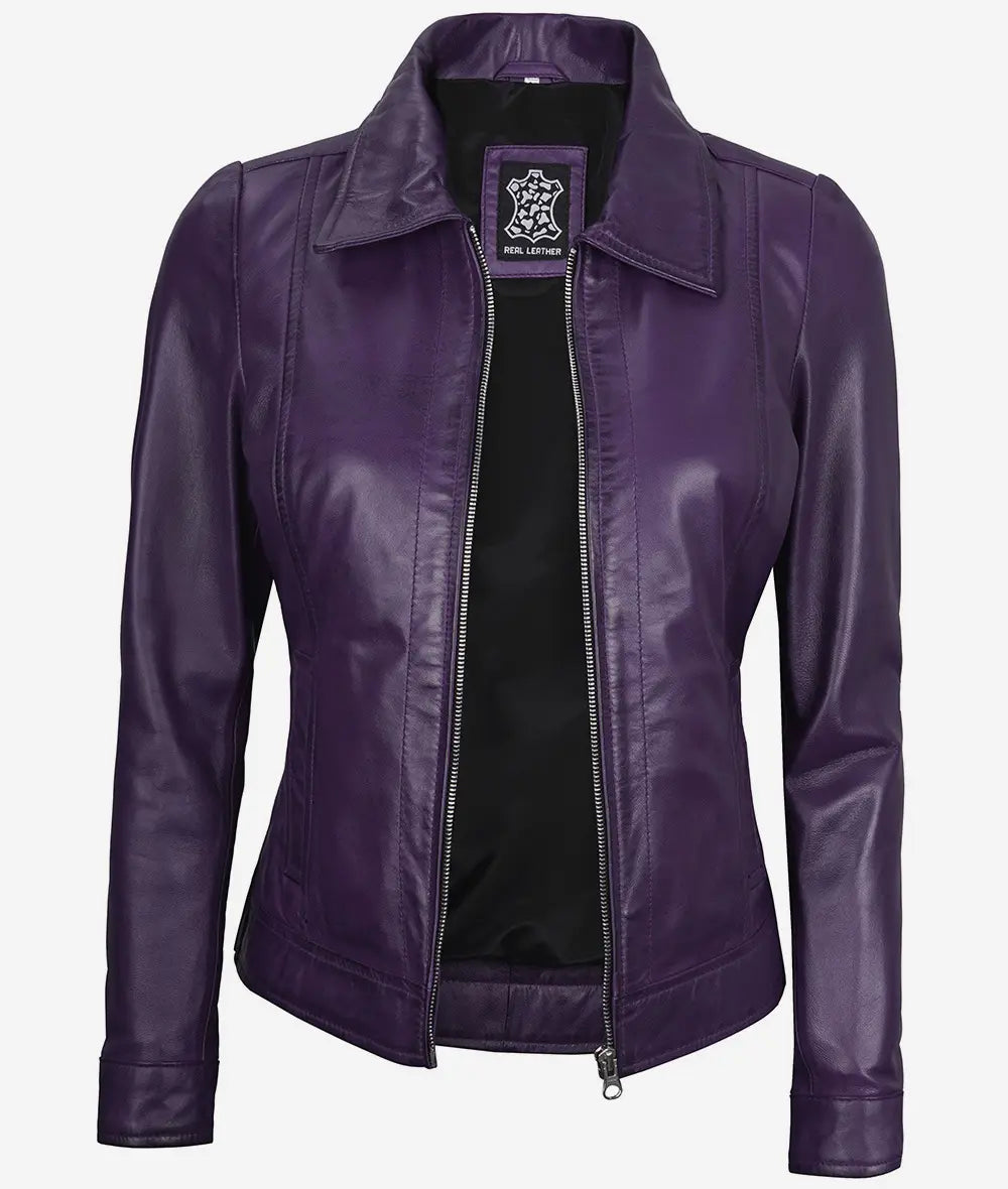 Women's Purple Shirt Collar Leather Jacket image 1