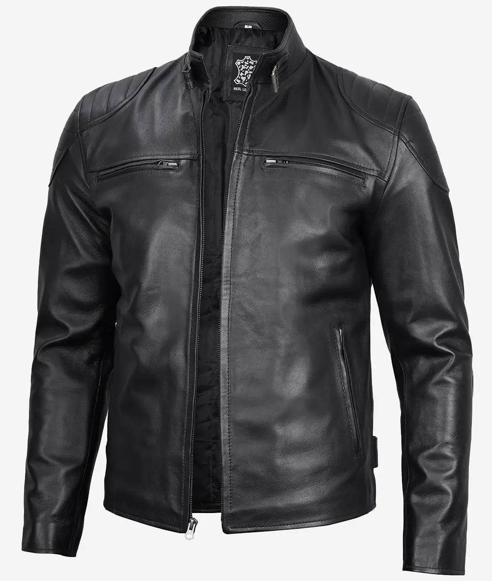 Men's Cafe Racer Black Lambskin Leather Jacket image 1