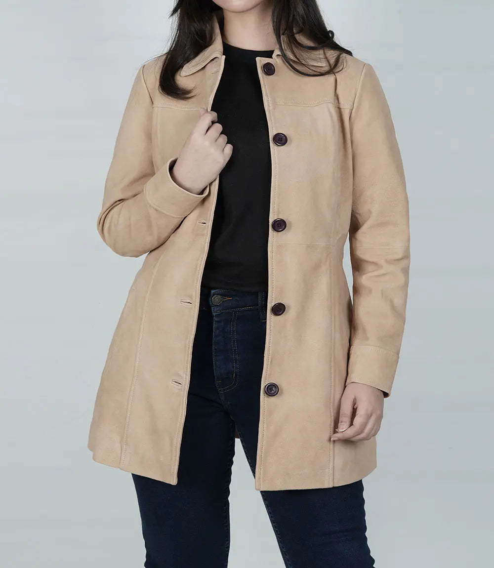 Women's Camel Button Down Suede Coat image 1