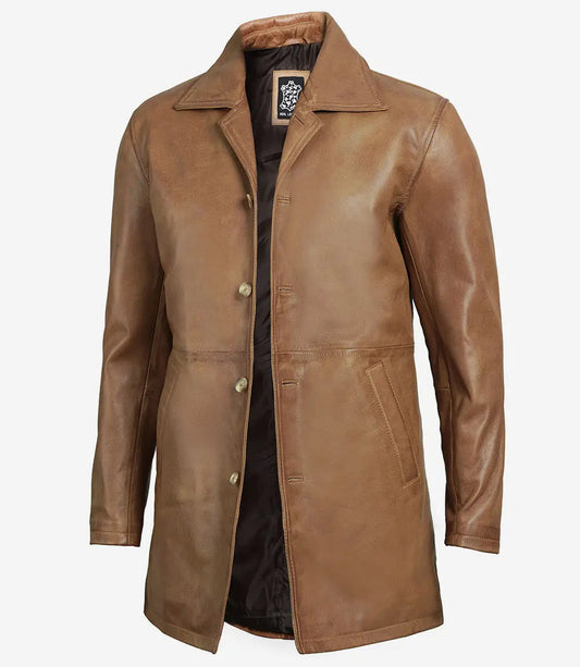Men's Camel Brown Real Leather 3/4 Length Car Coat image 0