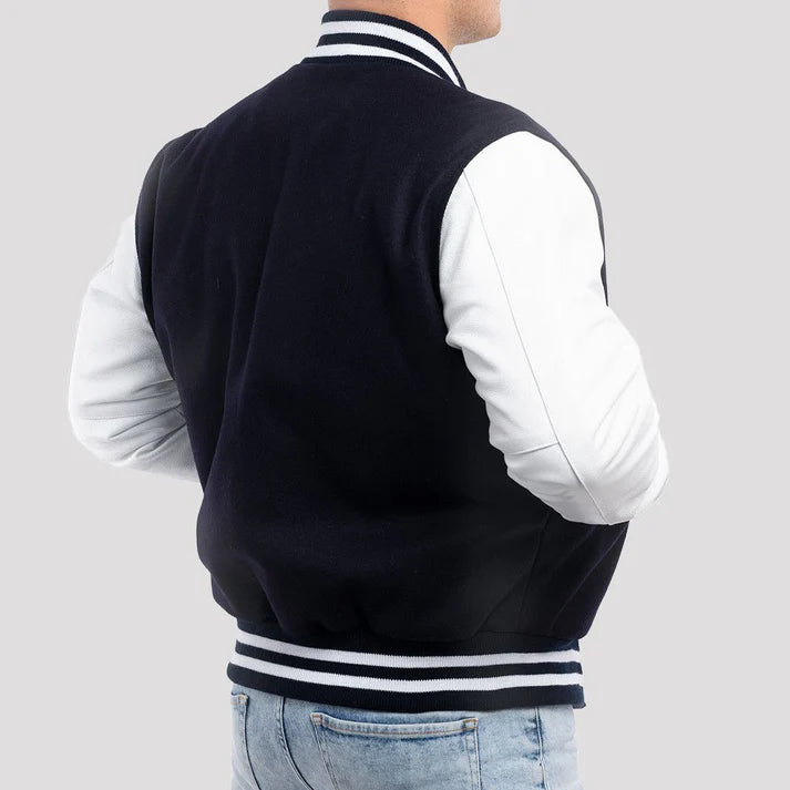 Men's Navy Blue and Bright White Wool Varsity Jacket image 1