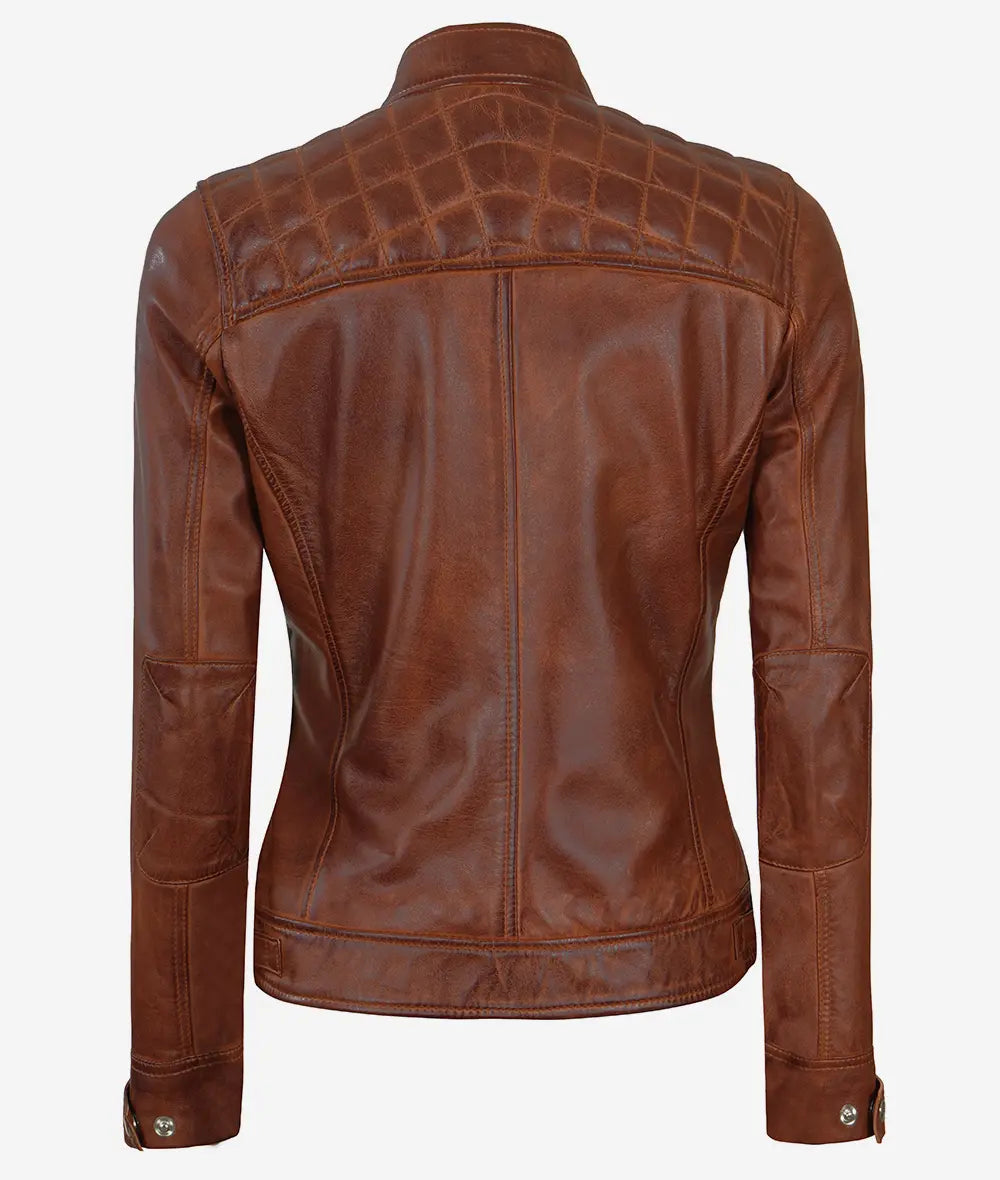 Women's Cognac Cafe Racer Leather Jacket | Quilted Shoulder image 1