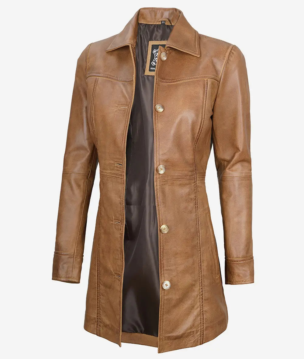 Women's Camel Brown Real Leather Coat image 0