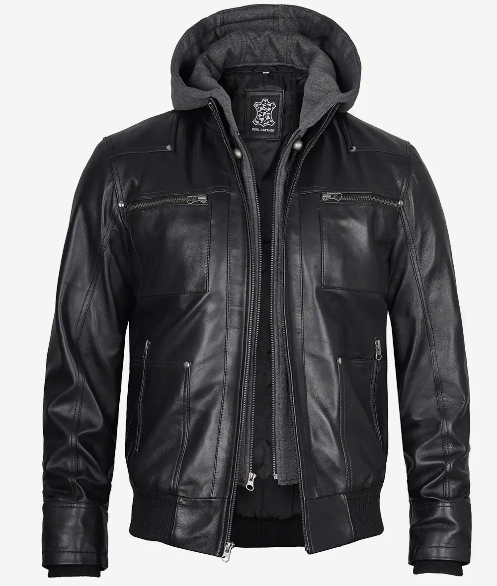 Men's Black Leather Bomber Jacket with Removable Hood image 1