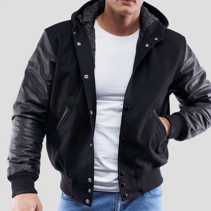 Black Wool Varsity Hoodie Jacket with Black Leather Sleeves image 0