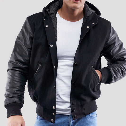 Black Wool Varsity Hoodie Jacket with Black Leather Sleeves image 0