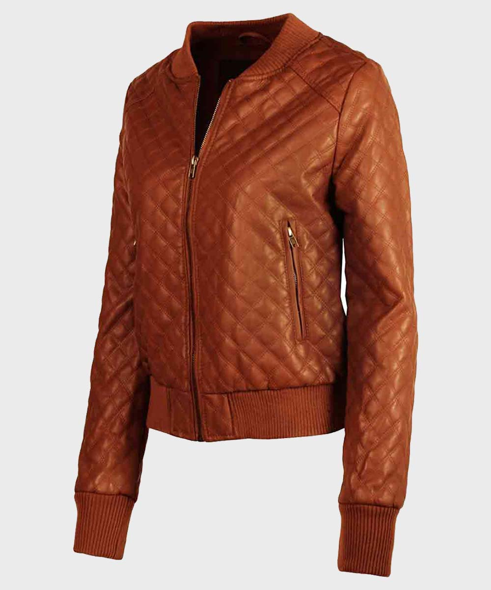Womens Quilted Tan Brown Leather Jacket image 0