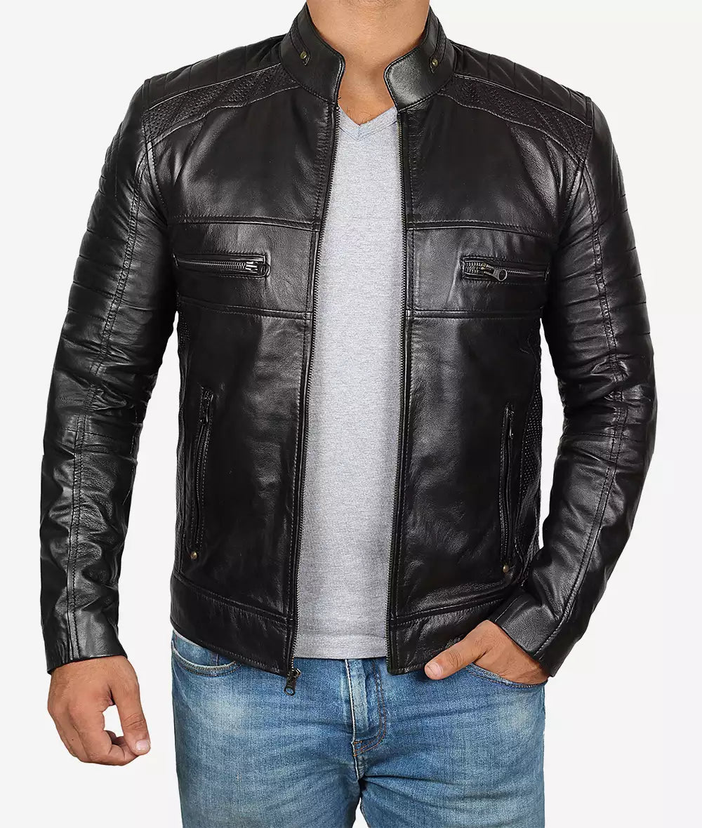 Men's Black Premium Cafe Racer Leather Jacket image 0