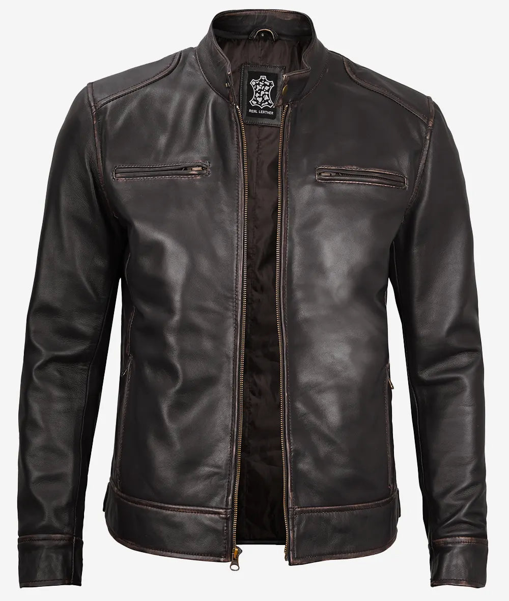 Men's Vintage Brown Real Leather Cafe Racer Jacket image 1