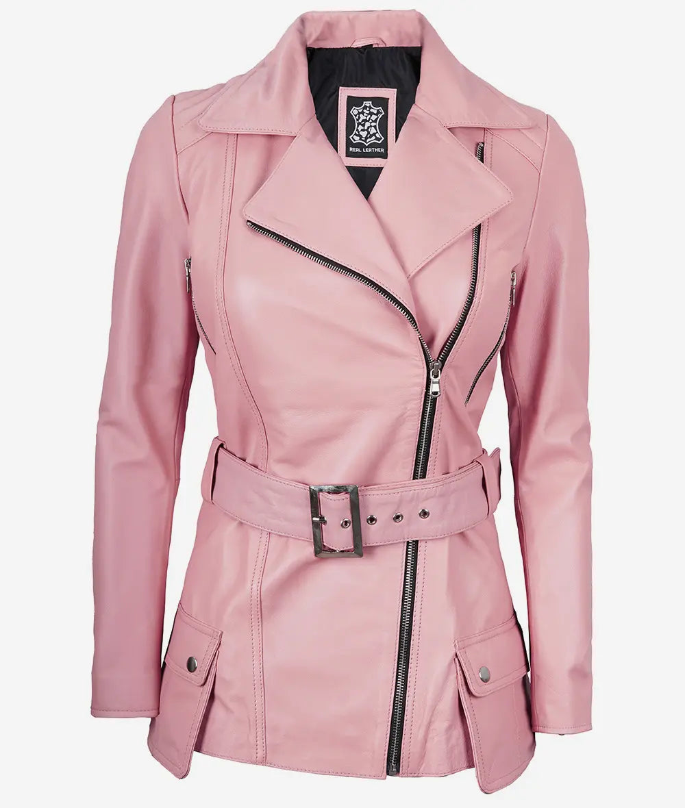 Women's Pink Belted Moto Real Leather Jacket image 1