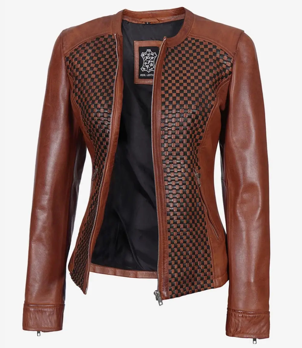 Women's Textured Brown Leather Cafe Racer Jacket image 1