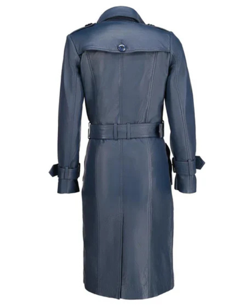 Women's Blue Double-Breasted Leather Coat image 1