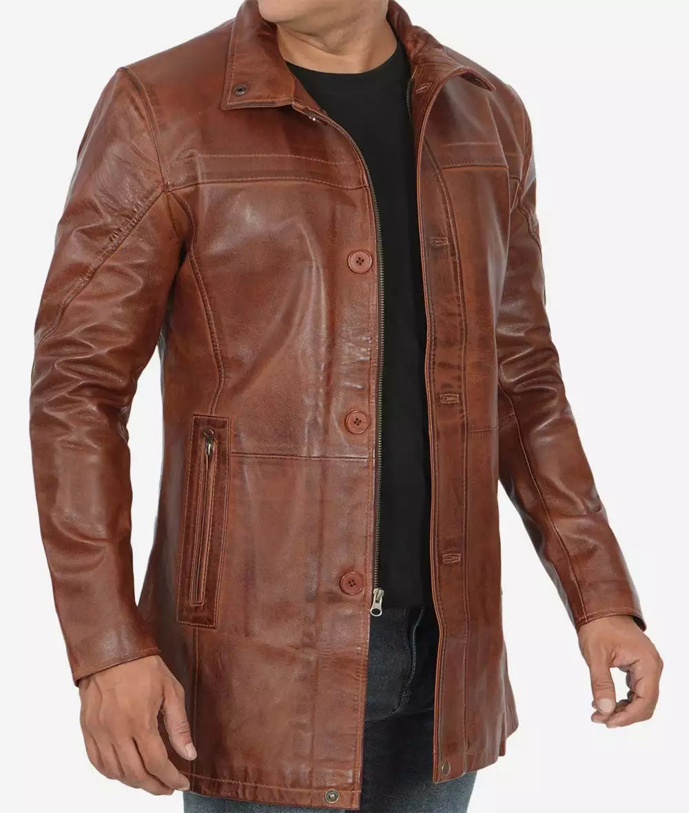 Men's Cognac Lambskin Real Leather Car Coat image 1