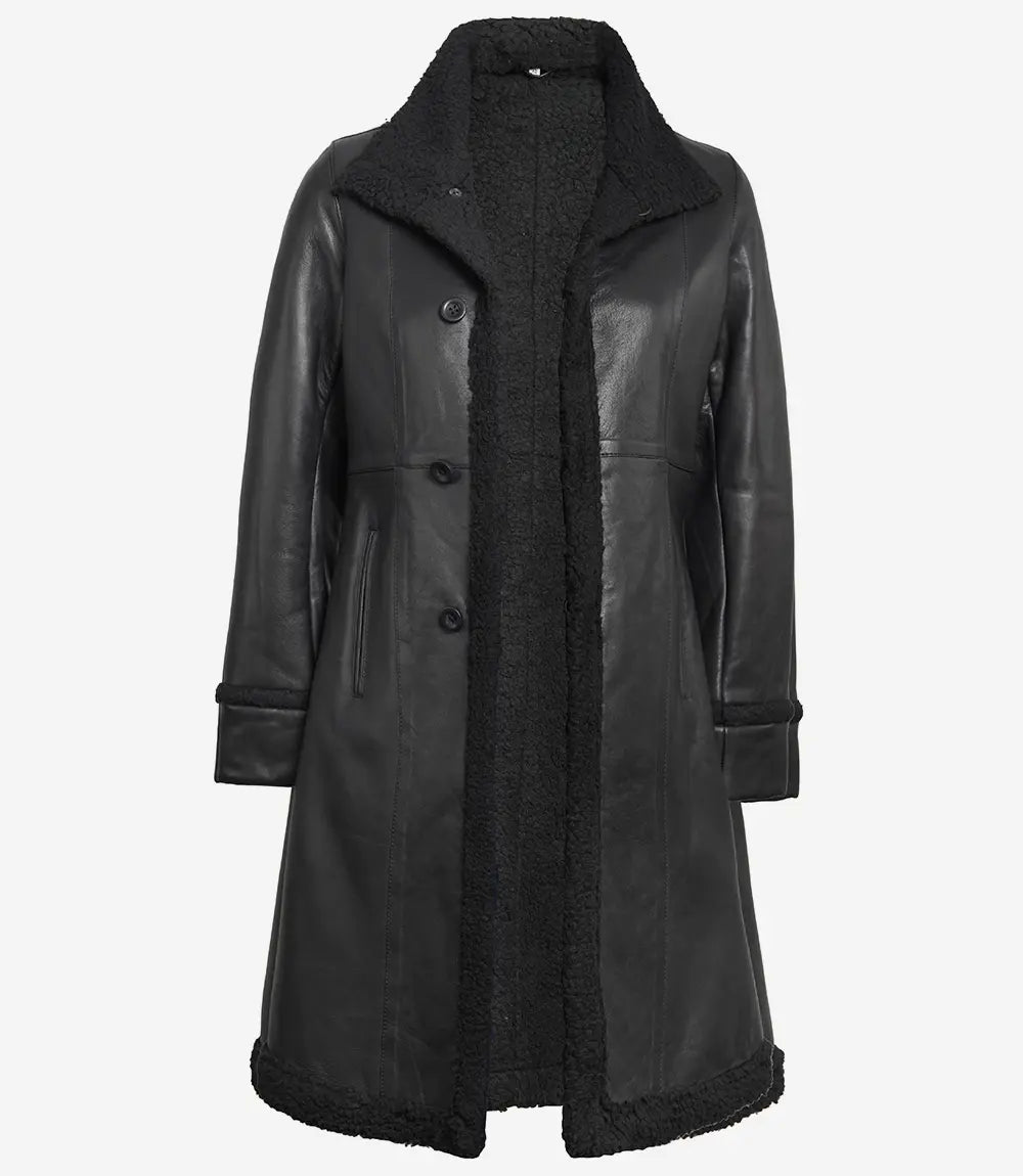 Women's Black Shearling Long Leather Coat image 1