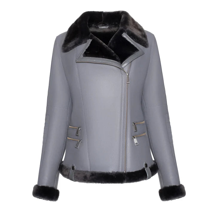 Women's Grey Merino Shearling Black Fur Leather Jacket image 0