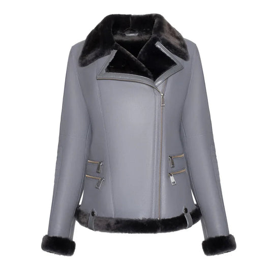 Women's Grey Merino Shearling Black Fur Leather Jacket image 0