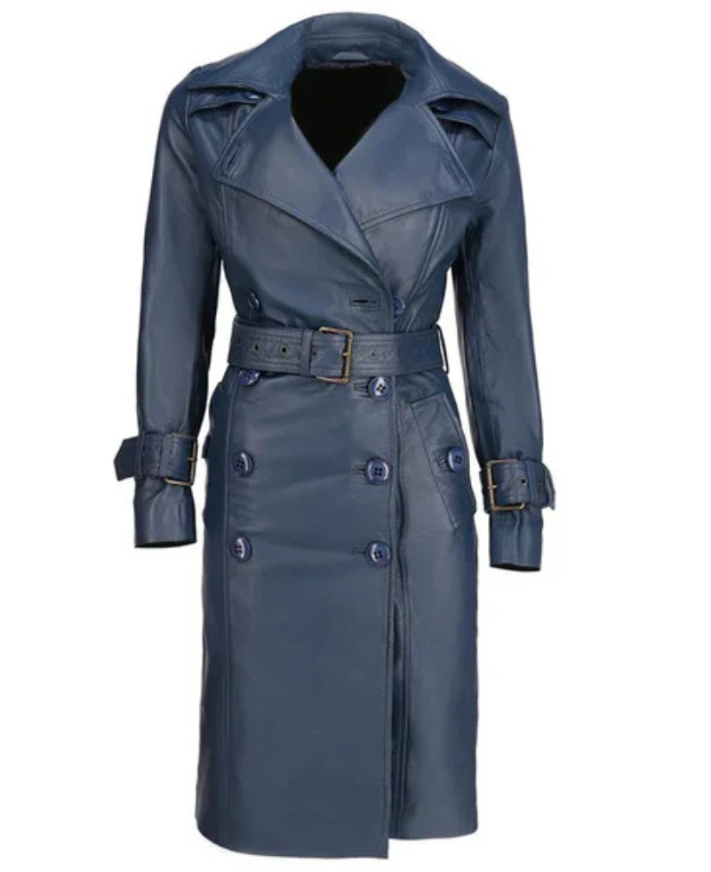 Women's Blue Double-Breasted Leather Coat image 0