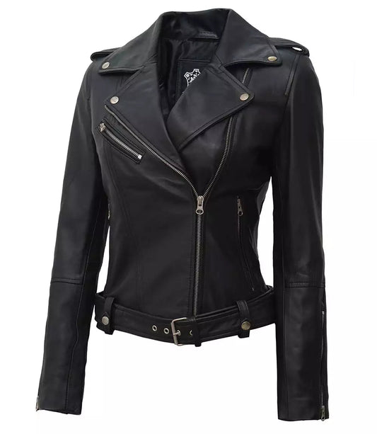 Margaret Women's Asymmetrical Black Belted Biker Leather Jacket image 0