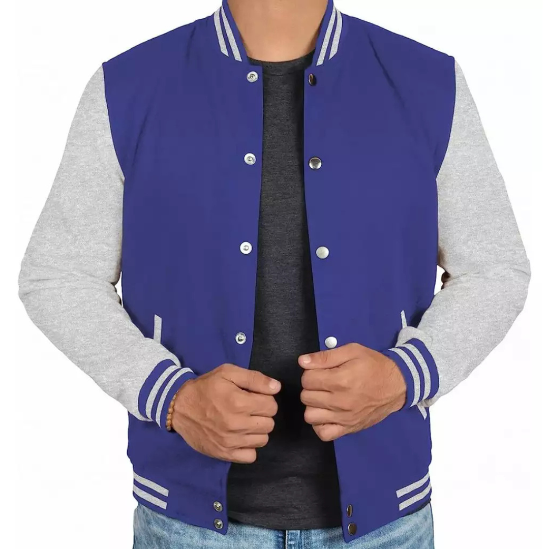 Men's Blue and Grey Varsity Jacket - Baseball Style Jacket image 1