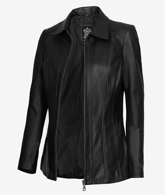 Marsha Women's Black 3/4 Long Leather Coat image 0