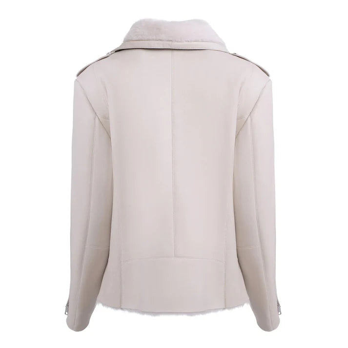 Women's White Shearling Straight Moto Leather Jacket image 1