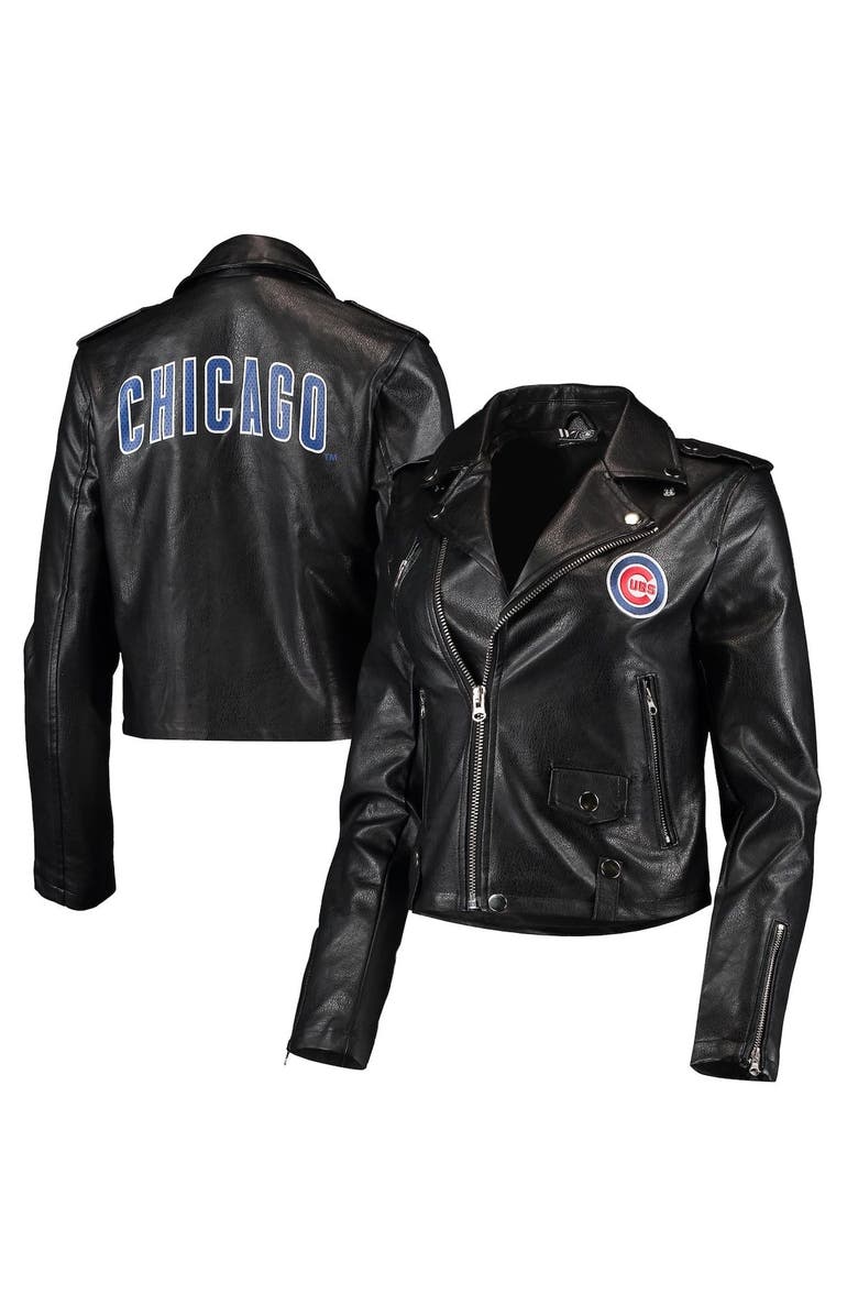 Women's The Wild Collective Black Chicago Cubs Faux Leather Moto Full-Zip Jacket image 3