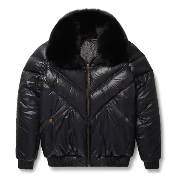 Men's V-Bomber Faux Shearling Black Leather Jacket image 0